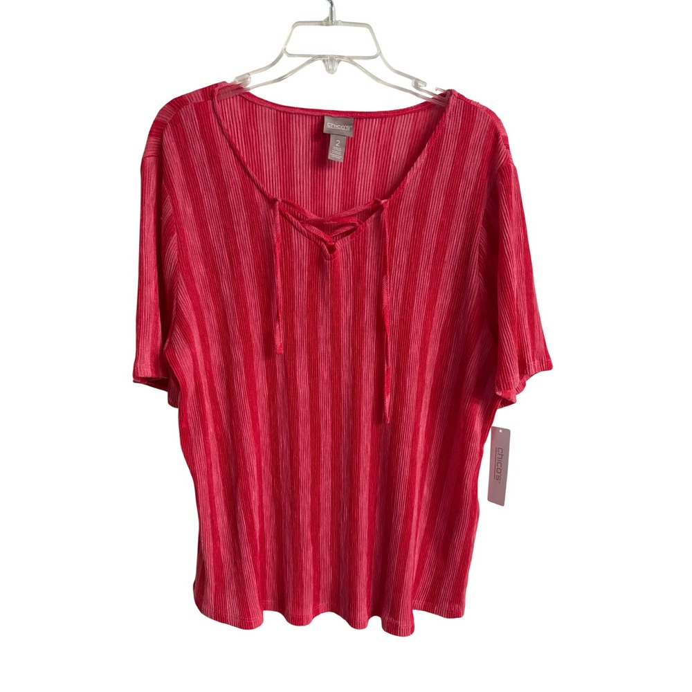 Chicos Crinkle Lace Up Top SS Knit Fashion Coral Fuchsia Stripe Size 2 Large NWT - Picture 1 of 13